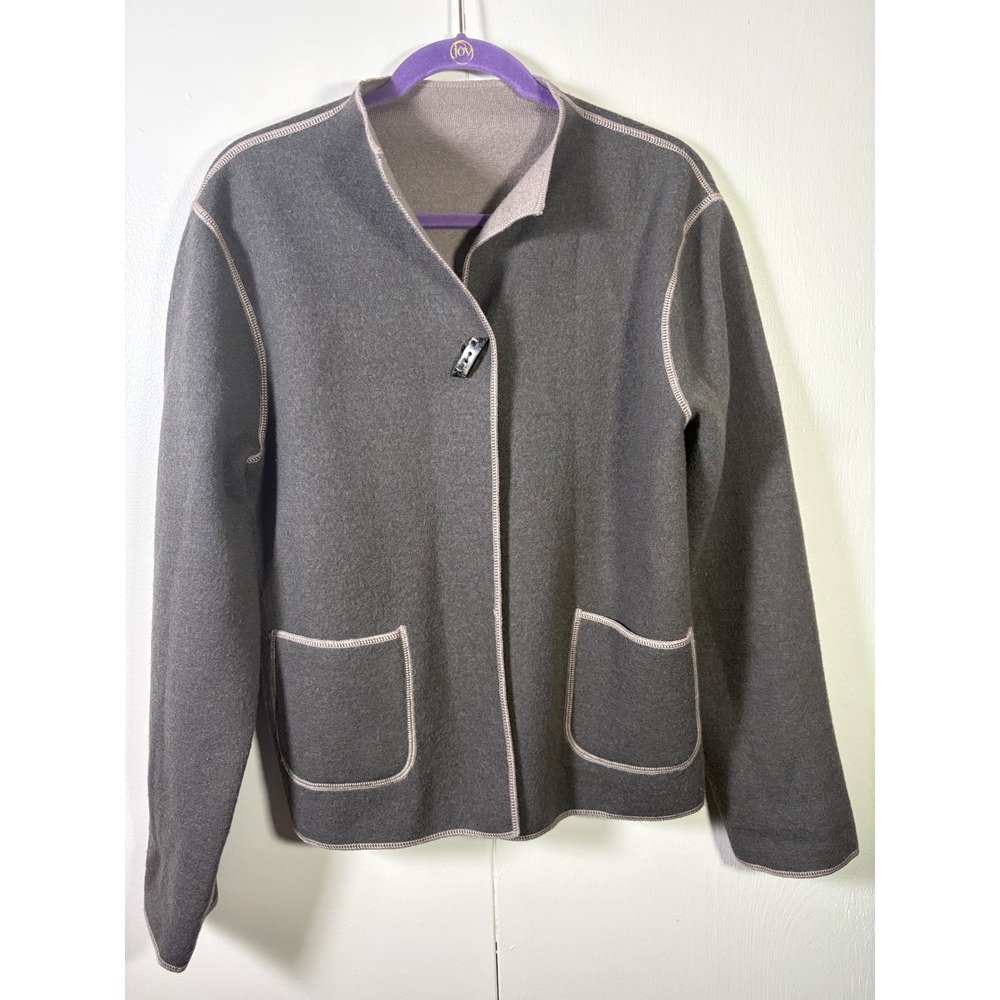 Jillian Jones Reversible Wool Toggle Grey Taupe Cardigan M Lagenlook Minimalist
